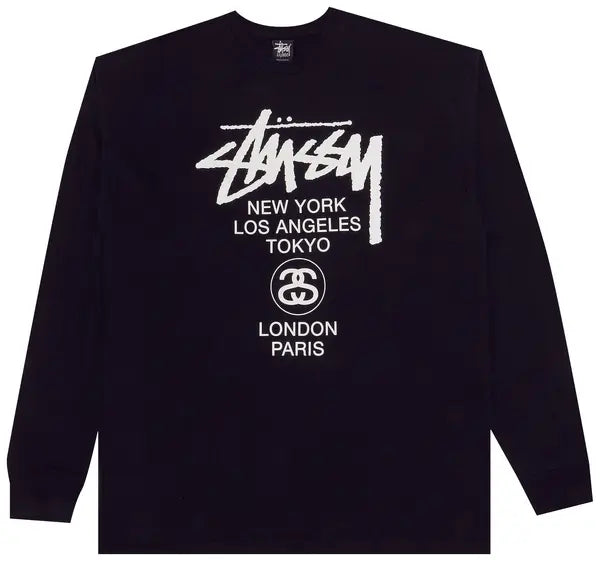 STUSSY LONG SLEEVE WORLD TOUR TEE BLACK