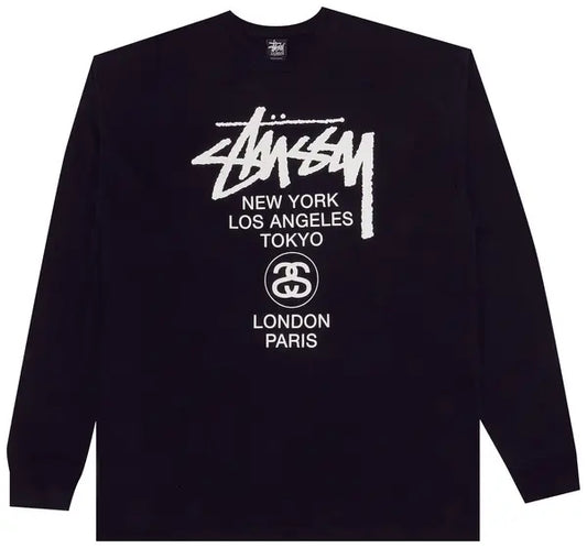 STUSSY LONG SLEEVE WORLD TOUR TEE BLACK